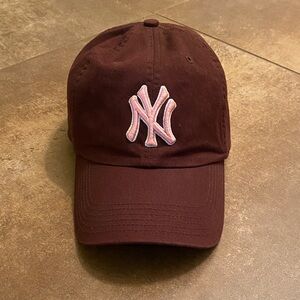 Brown Baseball Hat with Pink New York Yankees Logo